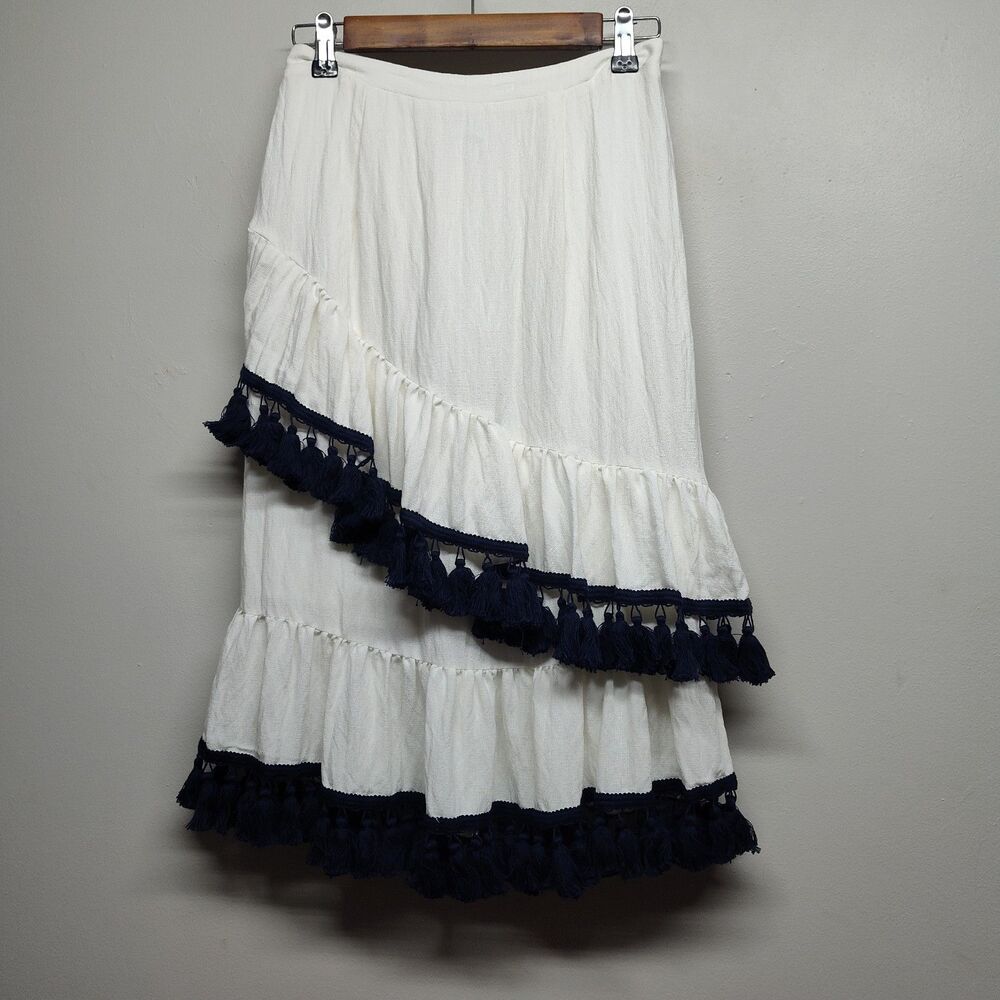 Suboo Playa Midi Skirt Women Size S White Blue Tassels Bohemian Beachy Resort